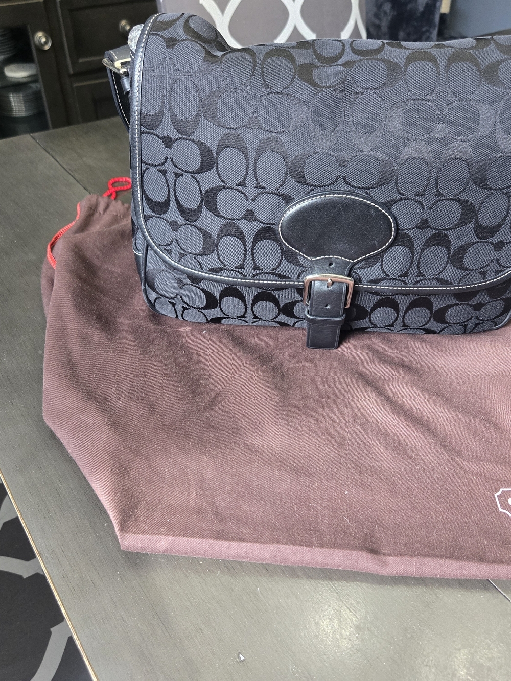 Coach Black Signature Canvas Messenger Bag with Buckle Flap. Includes Dust Bag.